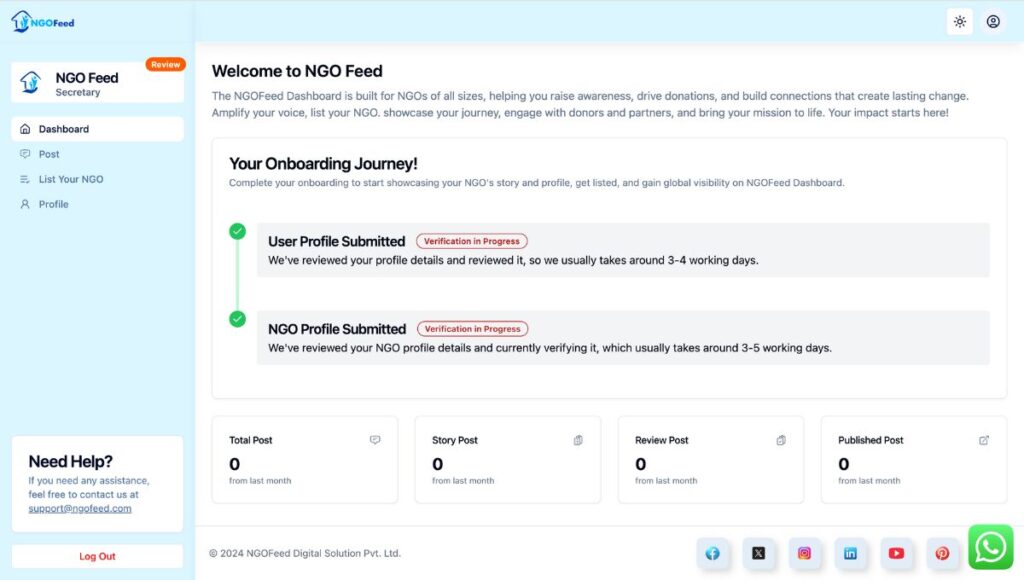 NGOFeed Dashboard Documents Submit profile