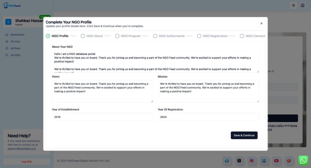 NGOFeed Dashboard Documents ngo about