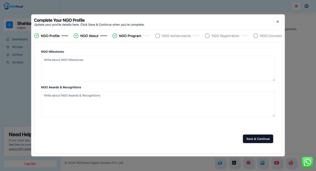 NGOFeed Dashboard Documents ngo achievment