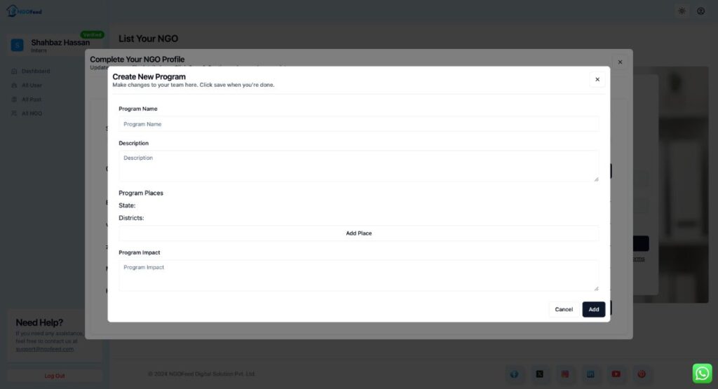 NGOFeed Dashboard Documents ngo create program