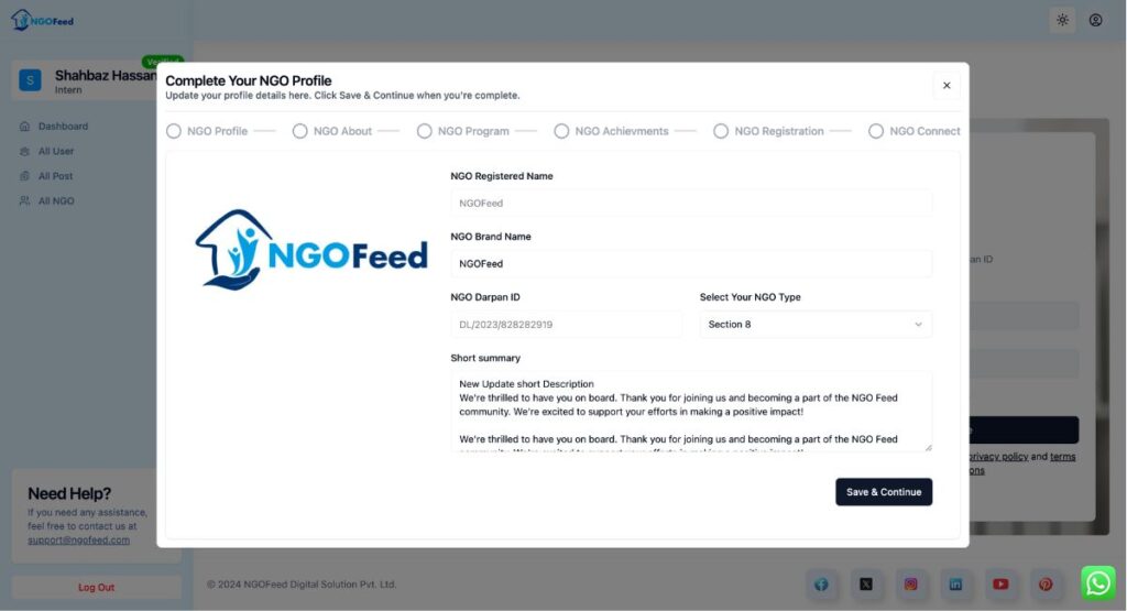 NGOFeed Dashboard Documents ngo profile