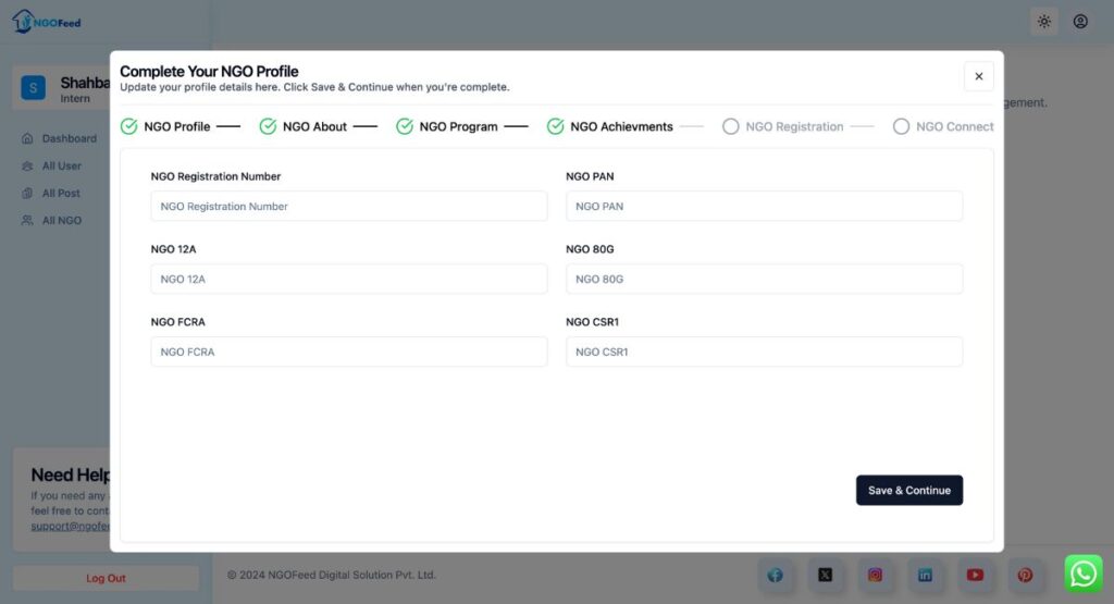 NGOFeed Dashboard Documents ngo registration