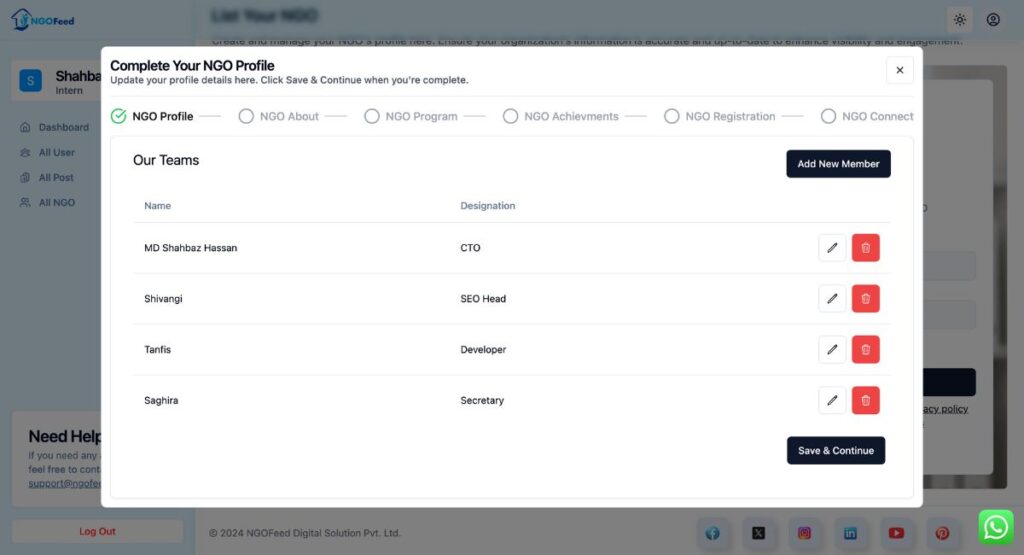 NGOFeed Dashboard Documents ngo team