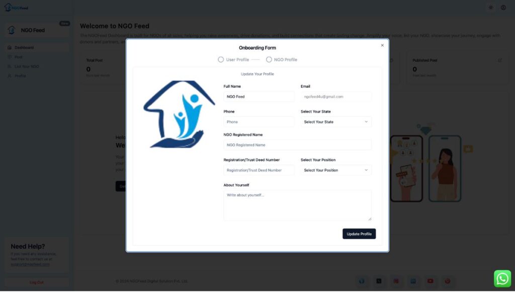 NGOFeed Dashboard Documents onboarding process